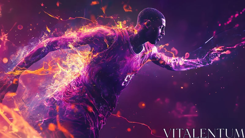 Dynamic basketball runner rendered with neon particle trails