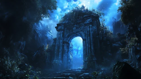 Moonlit ruined gateway amid misty enchanted forest.