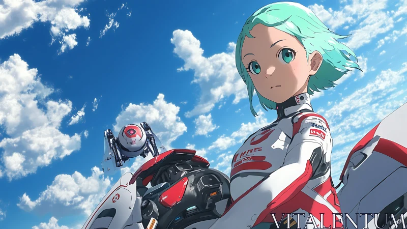 Mecha pilot girl with drone under bright summer sky.