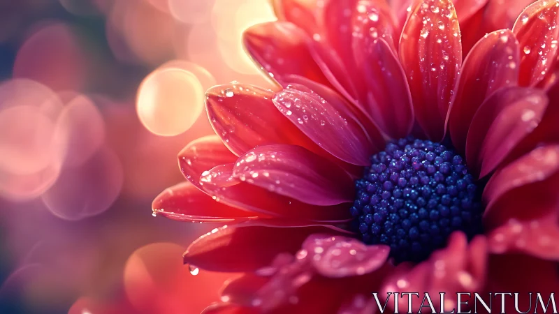 Vibrant Red Gerbera Daisy with Dew Drops and Bokeh.
