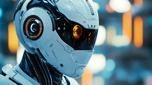 Futuristic white android helmet renders glowing cybernetic gaze