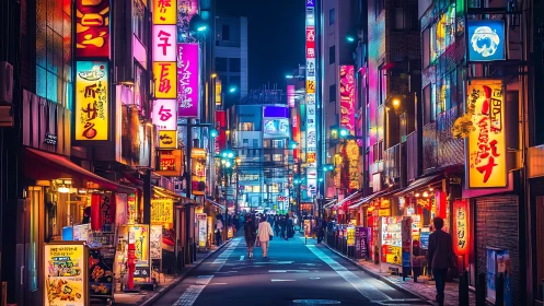 Neon city street glows with cozy nighttime restaurant life