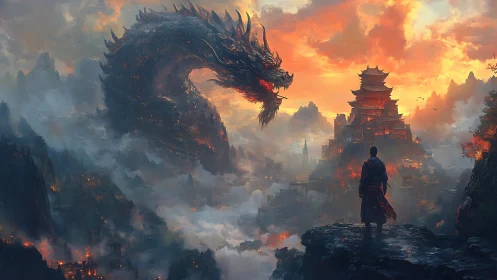 Sunset-scaled dragon bends toward the lone cliffside wanderer