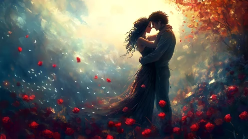Romantic Embrace Amidst Autumn Rose Garden. Digital Painting.