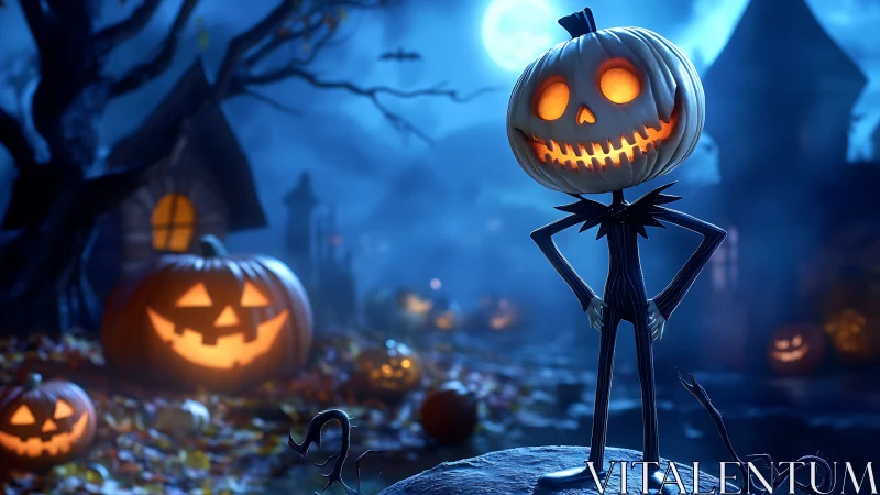 Cheerful pumpkin-headed scarecrow lights up a moonlit village