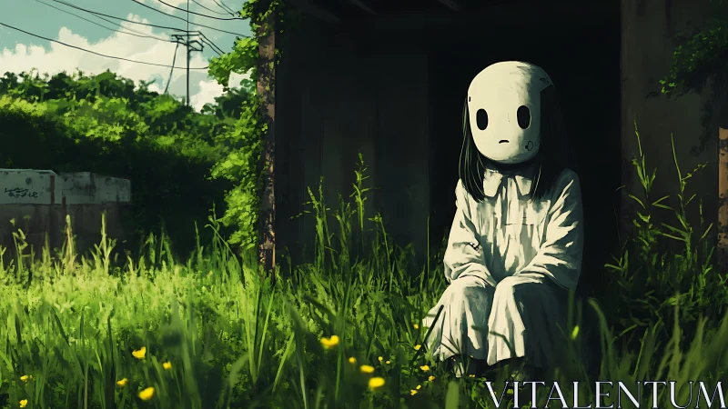 Masked child sits in overgrown doorway, bathed in uneasy light