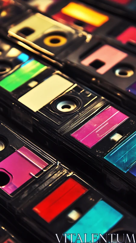 Colorful retro cassette tapes form tight geometric pattern