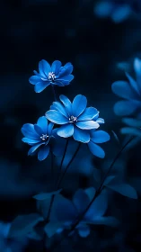 Blue flowers on dark background with bokeh elements.