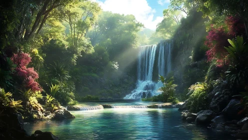 Sunlit jungle waterfall cradles a crystal-blue dream pool.