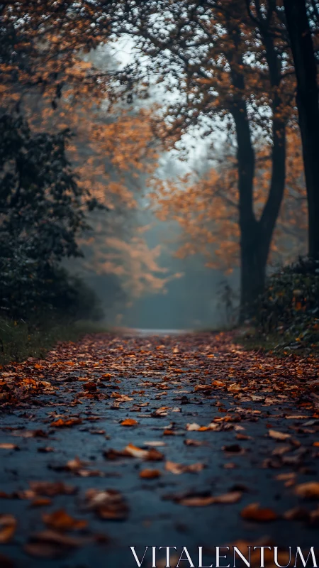 Autumn Forest Path Through Mist and Golden Foliage.