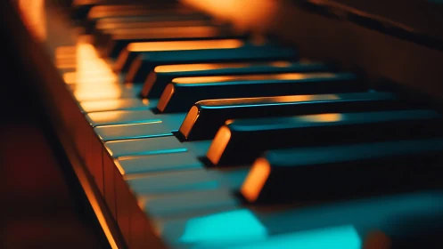 Piano keys trade whispers with molten twilight and teal glow