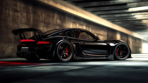 Black widebody sports coupe in concrete tunnel environment.