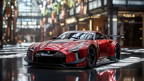 Red GT-style race car under glass roof in modern hall.