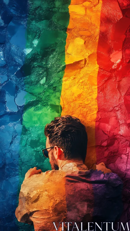 Textured chromatic portrait fused with rainbow relief surface.