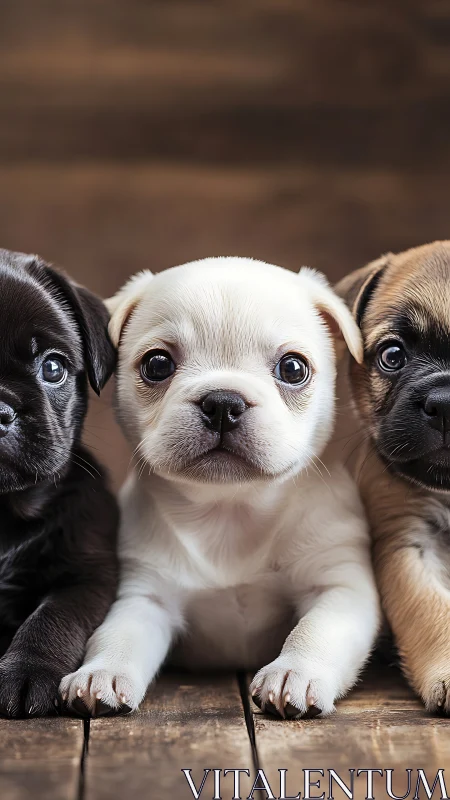 Tri-color bulldog puppies rest on rustic wooden floor.