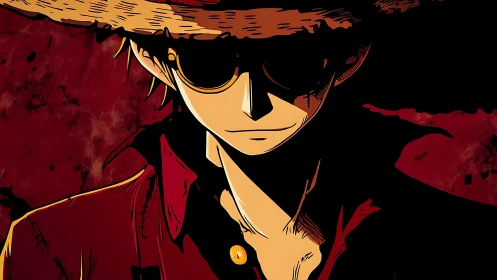 Straw-hatted wanderer in bold red shadows and quiet fire.