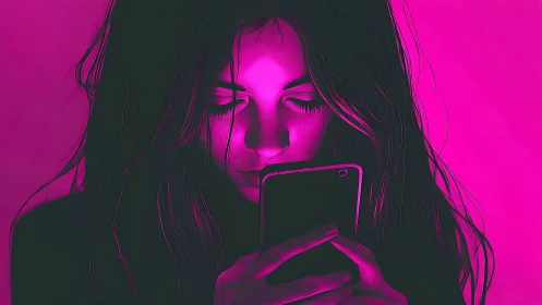 Soft neon glow surrounds a girl lost in her phone