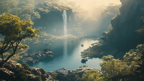 Sunlit mist over turquoise canyon pool and slender waterfall