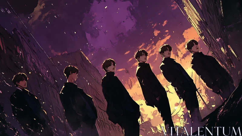 Silhouetted figures stand beneath a burning twilight sky.