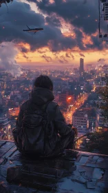 Solitary rooftop observer above neon dusk metropolis.