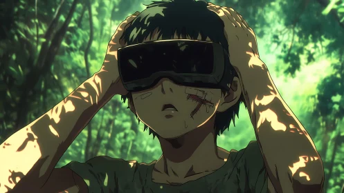 Injured youth in VR visor reacts under dappled jungle light