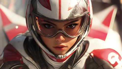 Close frontal view of futuristic helmeted female racer portrait.