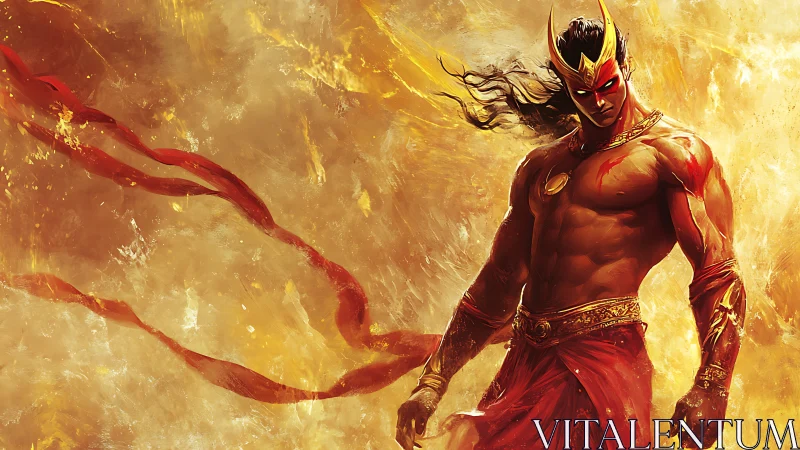 Fire crowned warrior stalks through molten winds of destiny