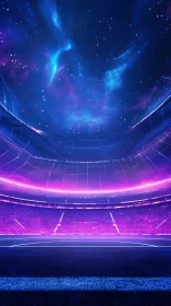 Electric night stadium glows beneath a vibrant cosmic sky
