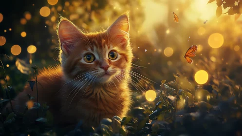 Luminescent Kitten Captivated by Butterflies in Golden Dreams.