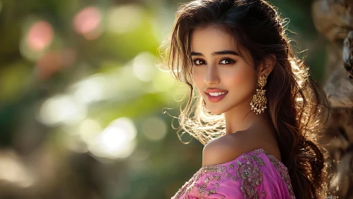 Smiling woman in pink saree glows in golden garden light