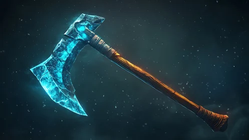 Frosty enchanted battle axe glows warmly against dark skies