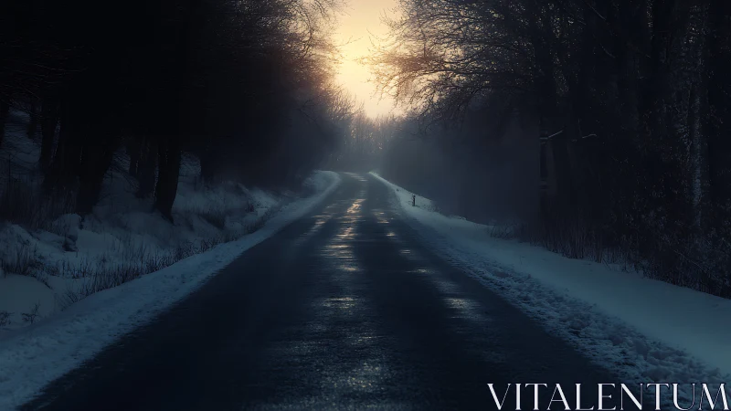 Photoreal winter roadscape with luminous vanishing point.