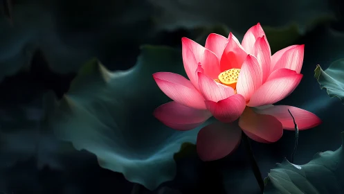 Pink lotus flower glowing over dark green water leaves.