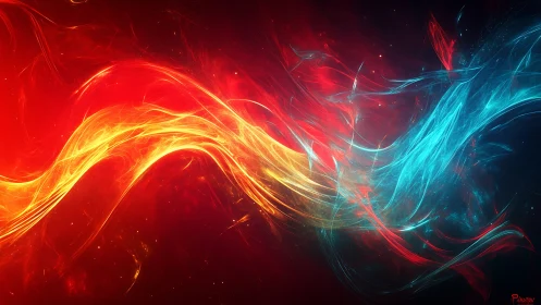 Abstract red and blue energy streams forming central divide.