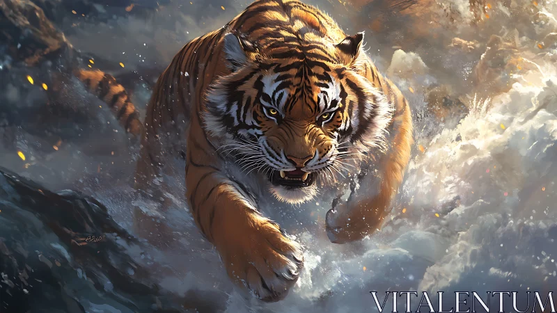 Roaring river tiger charging through stormy silver water.
