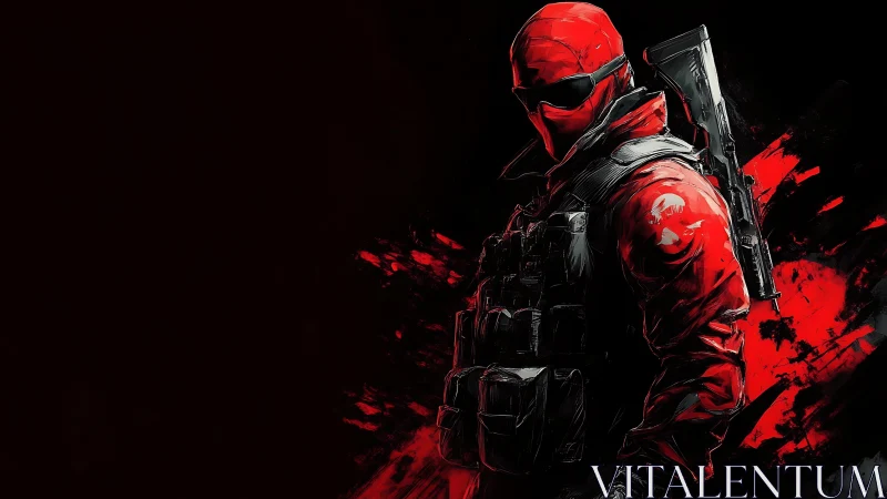 Red tactical soldier illustration with rifle on back.