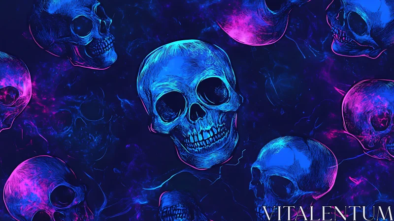 Neon blue and magenta human skull pattern on dark cosmic field