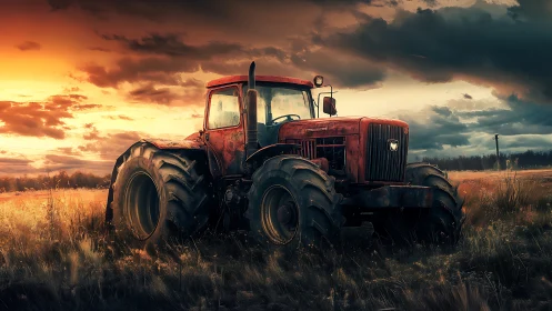 Red farm tractor stands in tall grass under dramatic sky