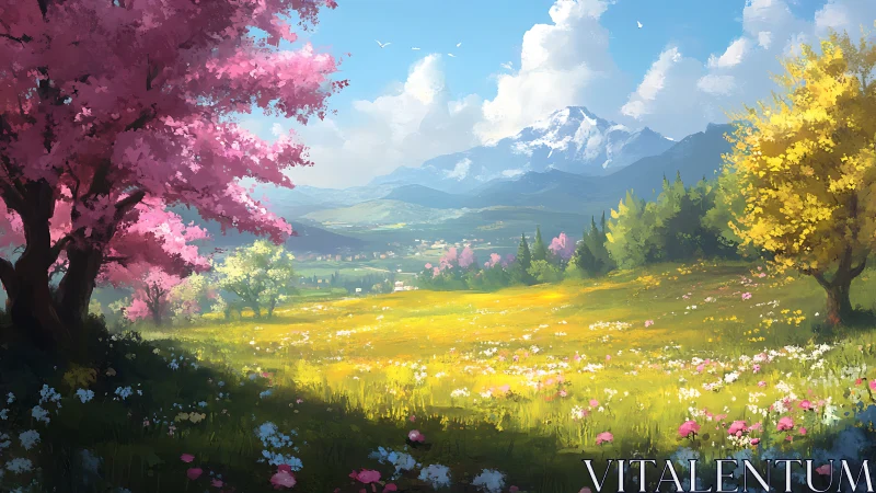 Sunlit meadow of blossoms beneath calm mountain skies.