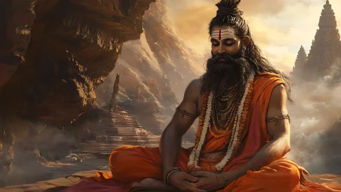 Meditating Hindu sage in orange robes before ancient temples.