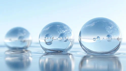 Glistening glassy spheres rest calmly on a mirrorlike water pool