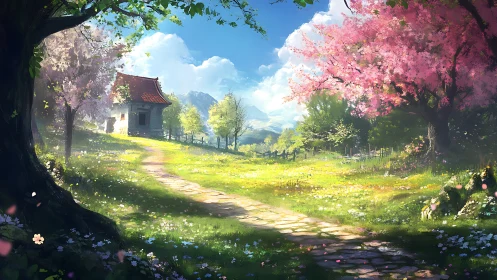 Rural stone path leading to small house amid spring trees.