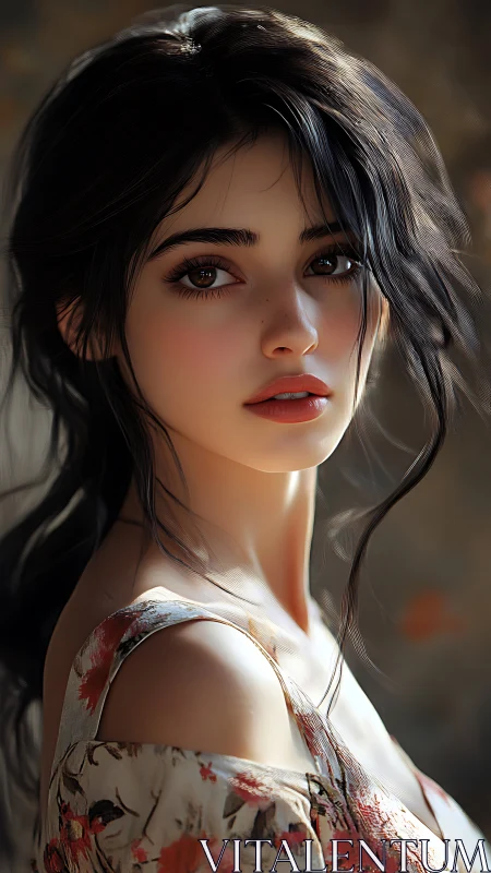 Digital portrait presents a young woman with side lighting