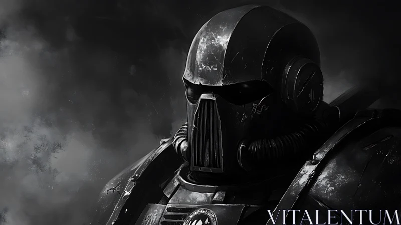 Grim armored warrior in monochrome sci fi battle portrait.