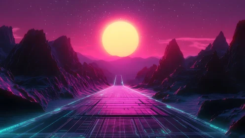 Neon grid roadway through stylized mountains at sunset.