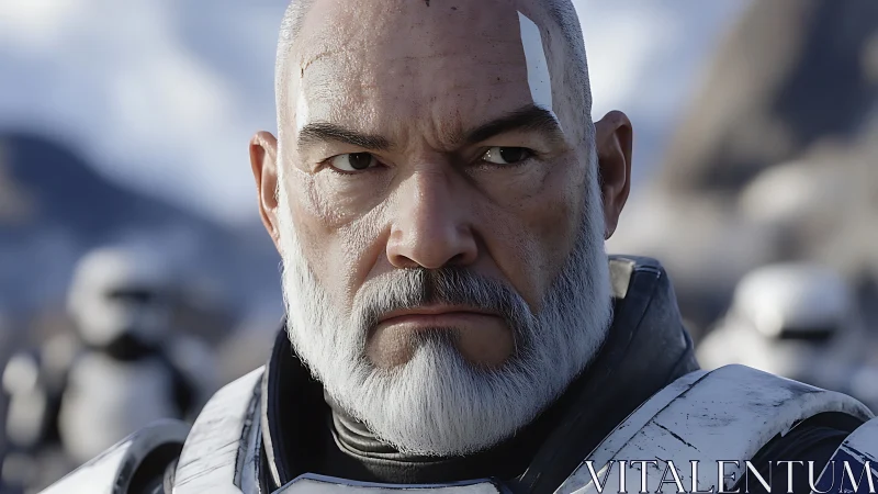 Battle-hardened commander glares in icy mountain stronghold.