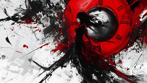 Crimson clock silhouette with abstract time-swept strokes.