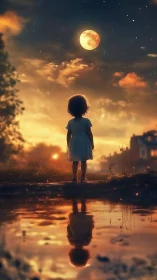 Child silhouette at dusk gazing toward luminous harvest moon.