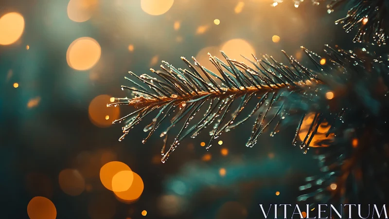 Macro evergreen needle bokeh under warm specular lighting.