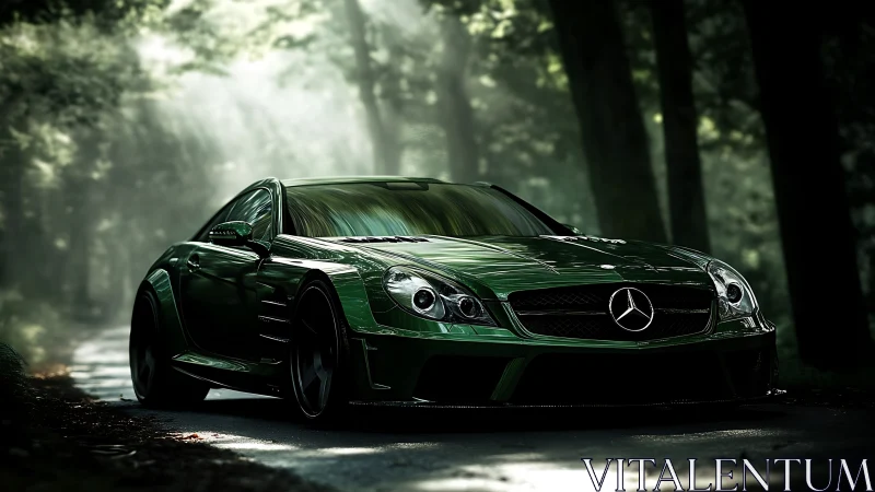Green Mercedes sports coupe stands on shaded forest road